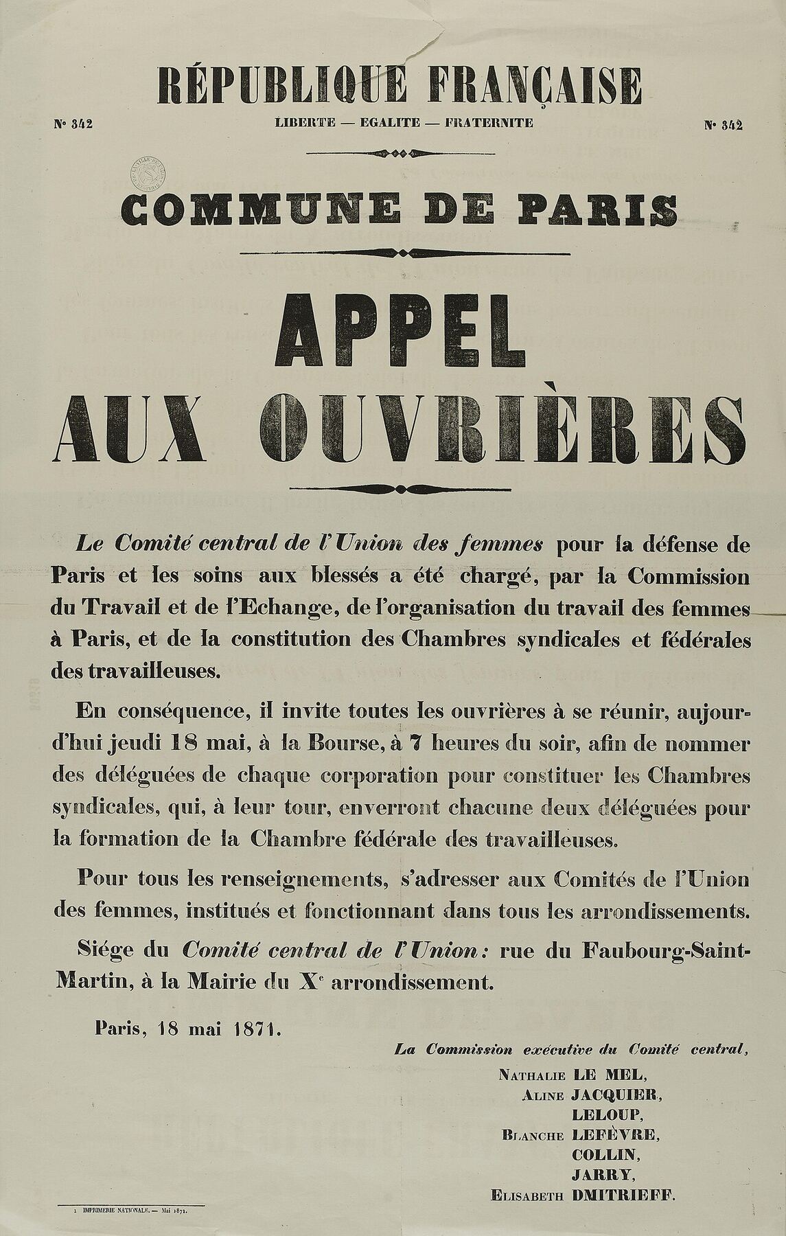 Affiche de la Commune de Paris intitulée Appel aux ouvrières