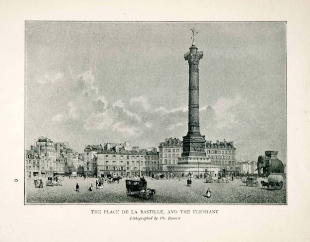 La colonne de Juillet et la maquette de l’Éléphant visibles ensemble place de la Bastille