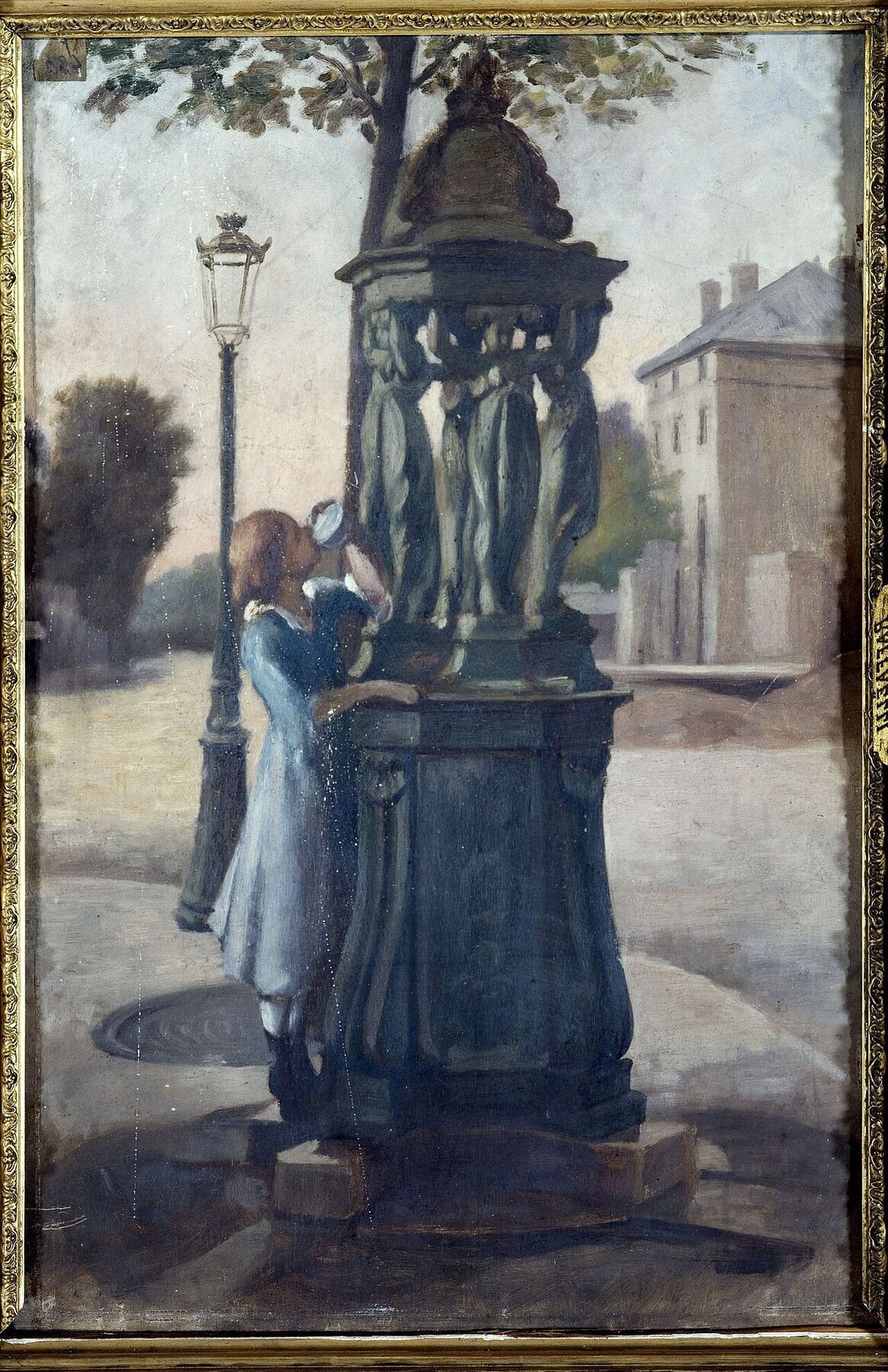 Peinture ancienne représentant des Parisiens autour d’une fontaine Wallace