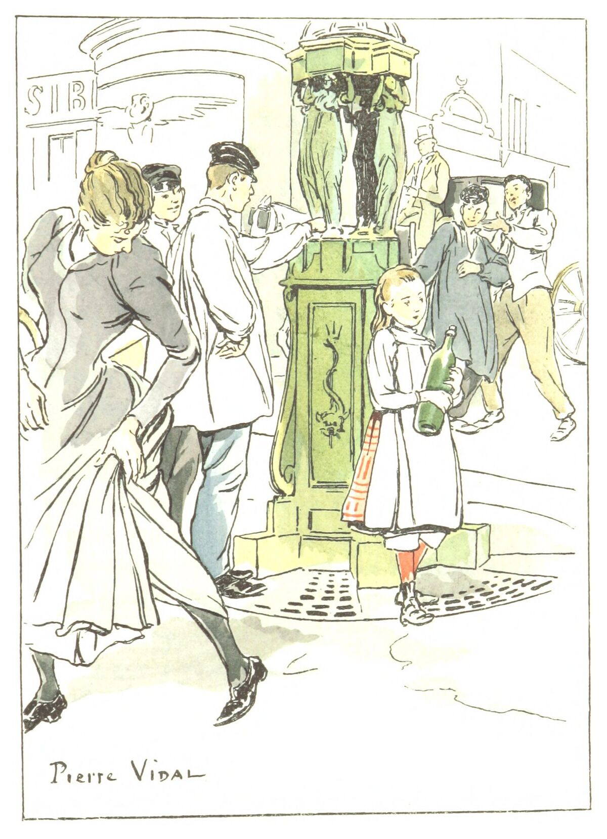 Dessin ancien montrant des passants autour d’une fontaine Wallace