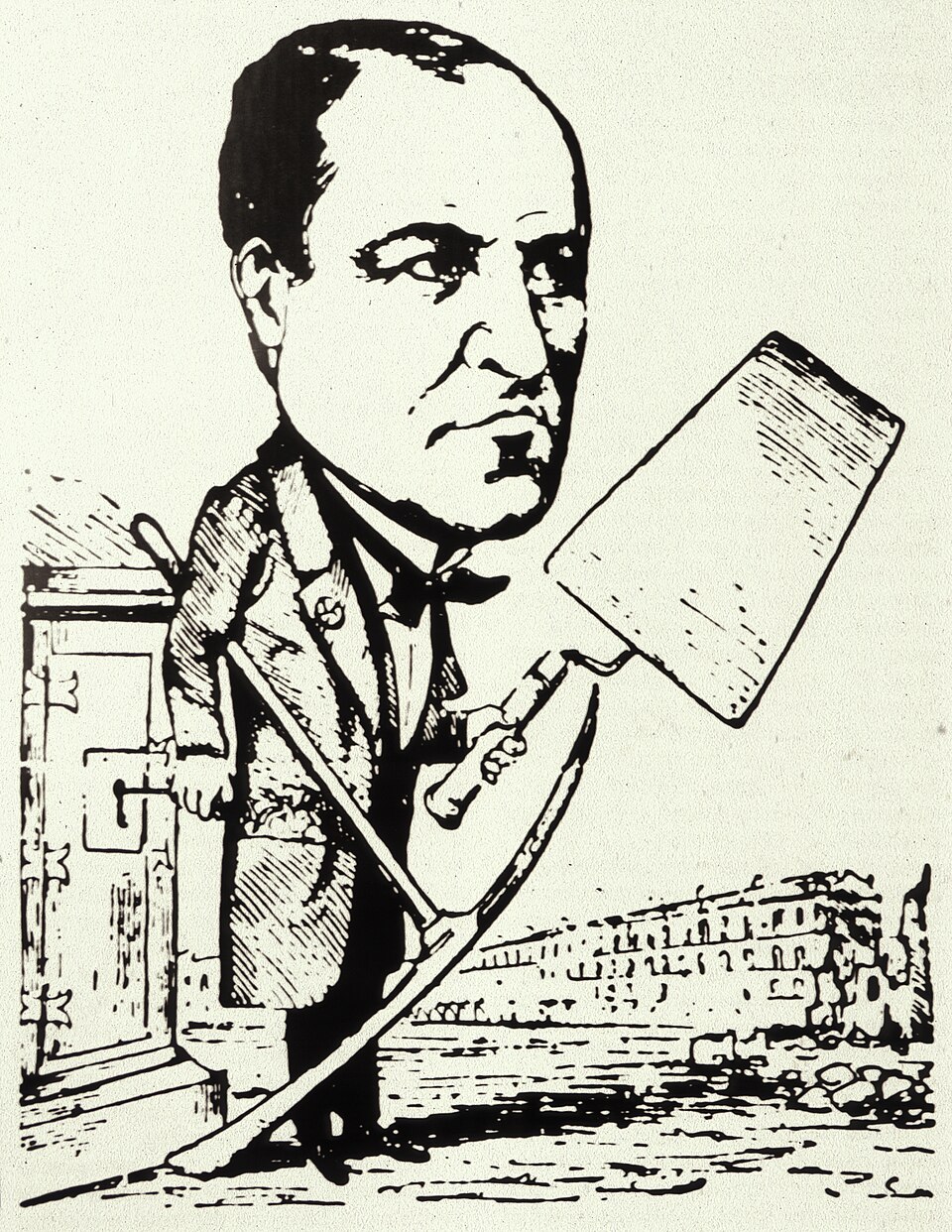 Caricature représentant Haussmann en artiste démolisseur armé d’un pic devant Paris