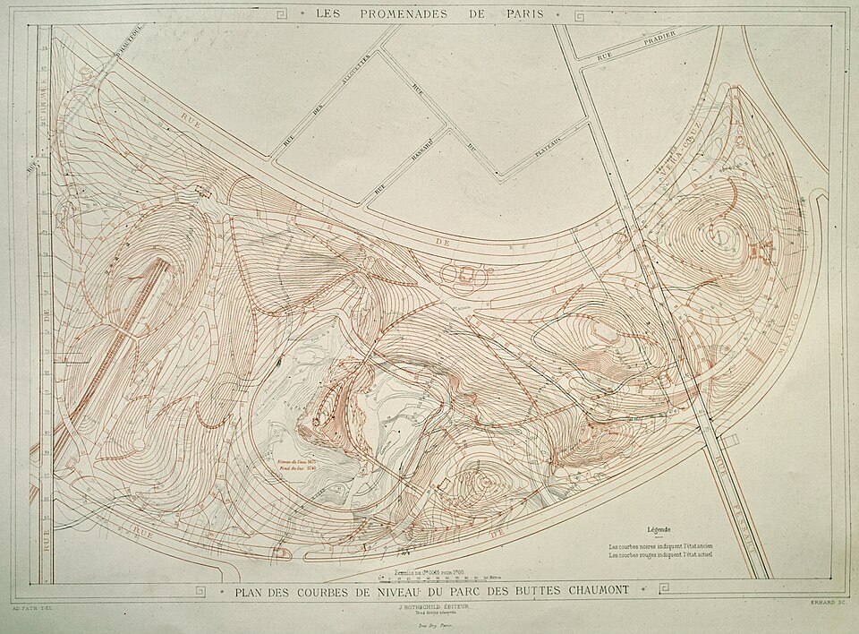 Plan topographique des courbes de niveau du parc des Buttes-Chaumont établi sous la direction d’Alphand
