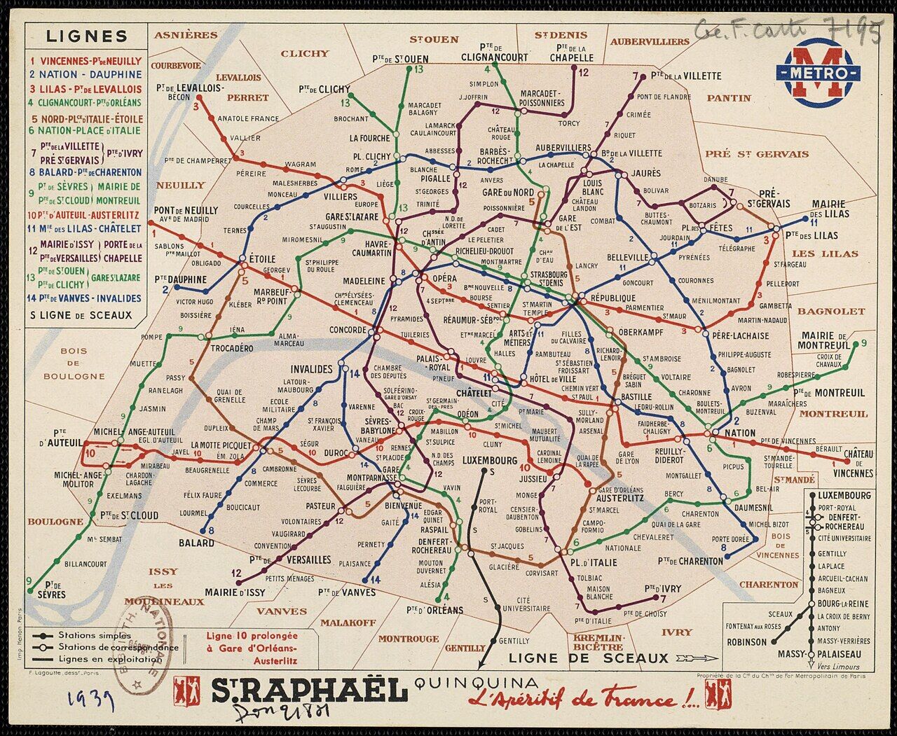 Plan officiel du réseau du métro parisien en 1939